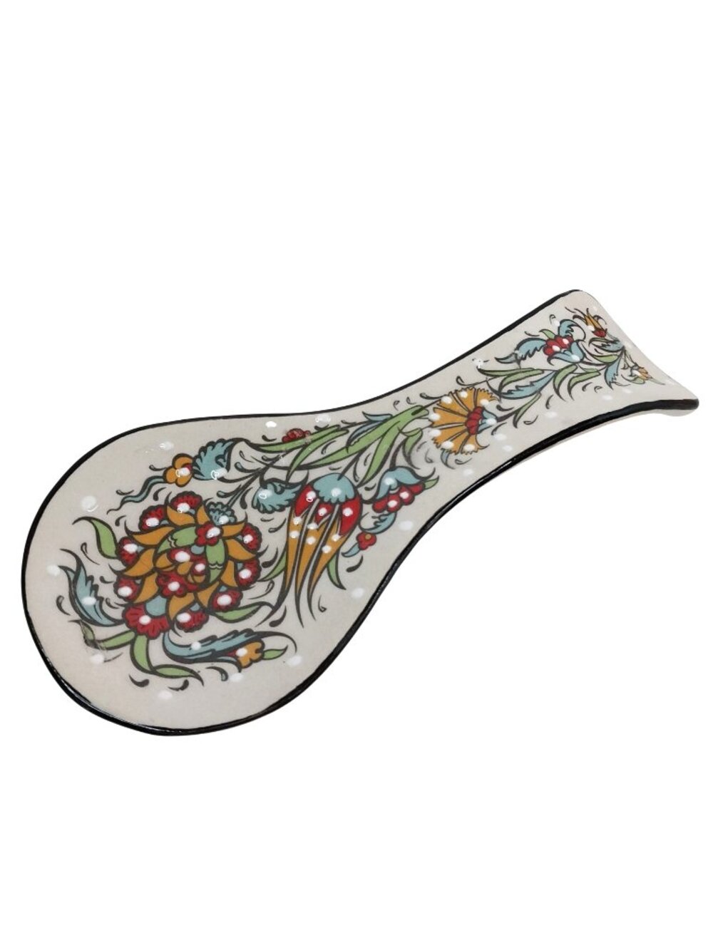 Turkish Hand-Painted Ceramic Spoon Rest With Orange Red & Blue Floral Design